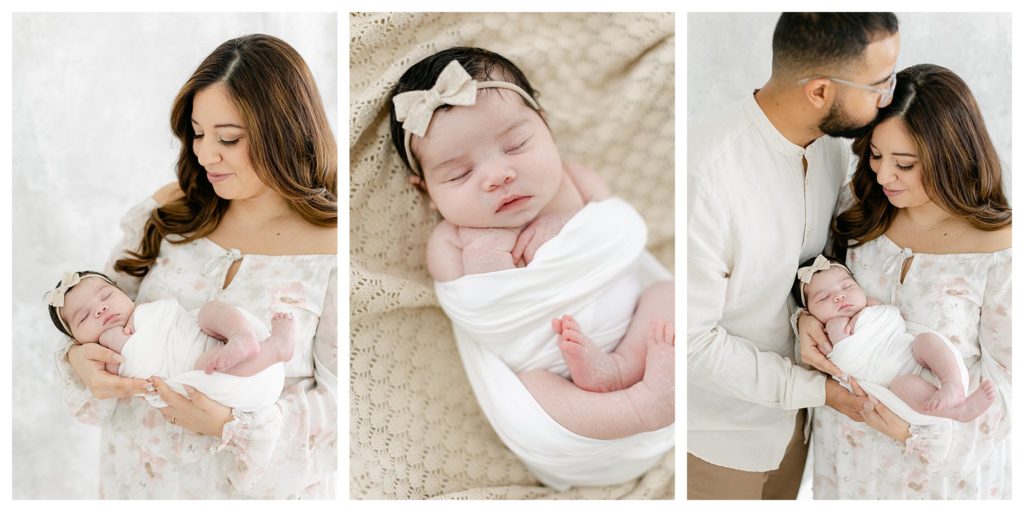 Natural light newborn session with mom holding baby and baby snuggled in a Moses Basket with a white swaddle.