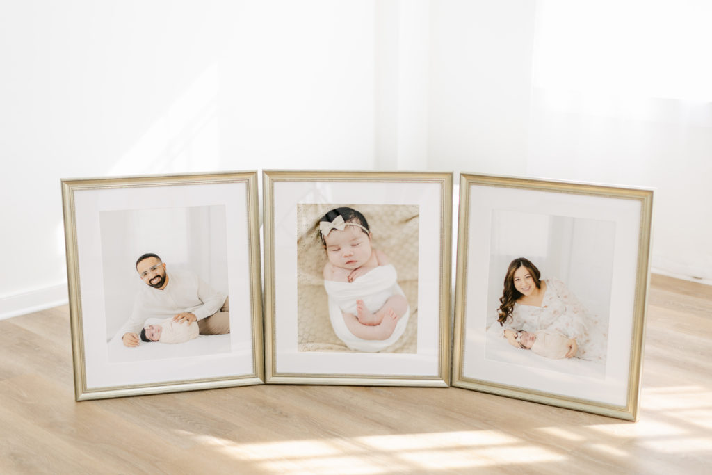 3 gorgeous custom frames holding portraits from a newborn session captured by Tara Federico Photography