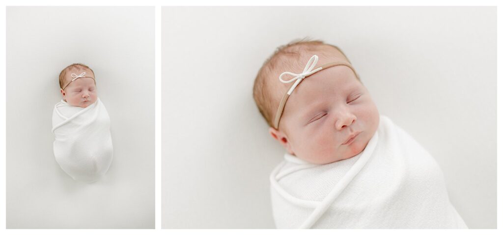 Newborn baby girl wrapped in a white swaddle captured by Philadelphia Newborn Photographer Tara Federico