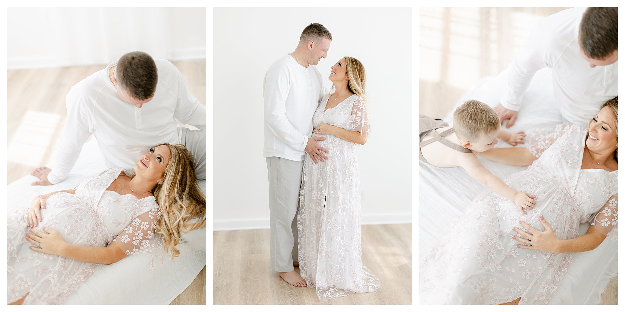 husband and wife in a bright and airy studio being photographed for their maternity session by Tara Federico Photography