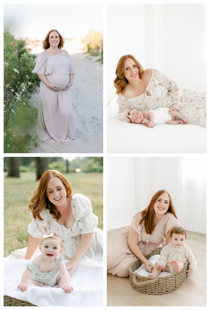 a collage of 4 images taken from maternity, newborn, 6 month milestone, and first birthday sessions captured by Tara Federico Photography