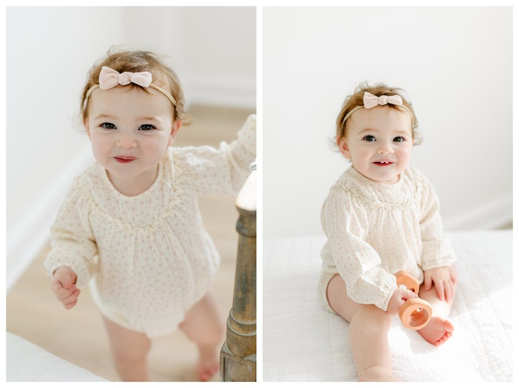 sweet baby girl smiling big for her first birthday photoshoot by Tara Federico
