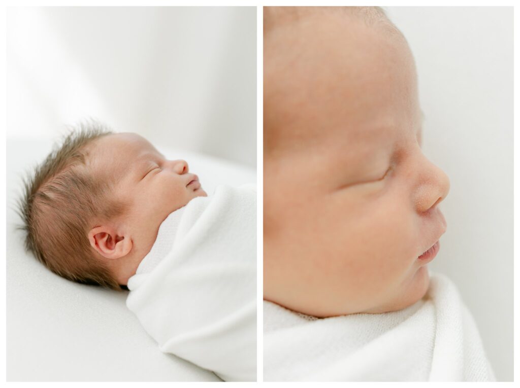 lose-up of a newborn baby boy wrapped in a white swaddle, capturing delicate features during a Charleston newborn session prep.