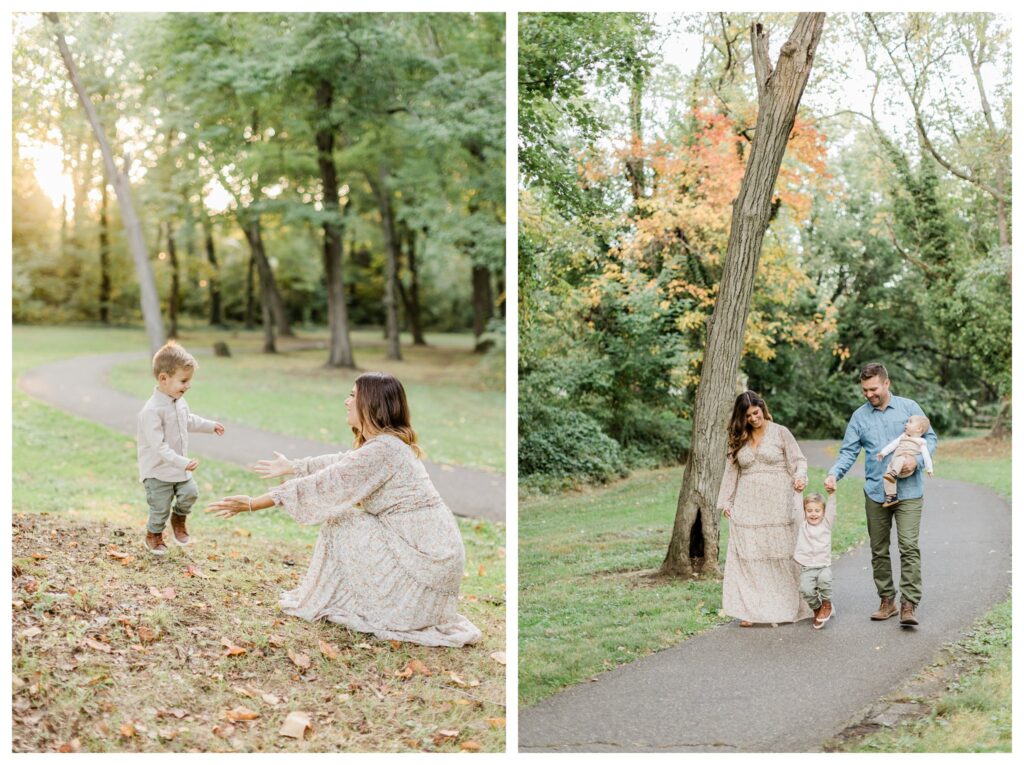 Fall family portraits in Charleston with mom in a green floral dress, dad, toddler boy in khaki button-down and green denim, and infant boy in knit overalls.